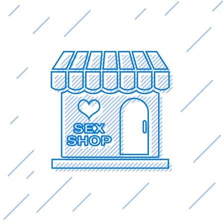 Blue line Sex shop building with striped awning icon isolated on white background. Sex shop, online sex store, adult erotic products concept. Vector Illustrationのイラスト素材
