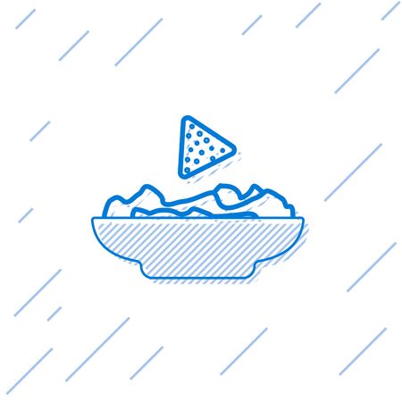 Blue Nachos in plate line icon isolated on white background. Tortilla chips or nachos tortillas. Traditional mexican fast food. Vector Illustrationのイラスト素材