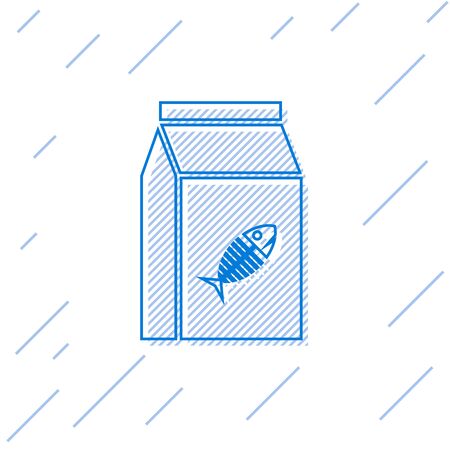 Blue Bag of food for cat line icon isolated on white background. Fish skeleton sign. Food for animals. Pet food package. Vector Illustrationのイラスト素材