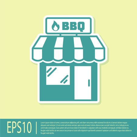Green Barbecue shopping building or market store icon isolated on yellow background. BBQ grill party. Shop construction. Vector Illustrationのイラスト素材