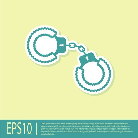 Green Sexy fluffy handcuffs icon isolated on yellow background. Handcuffs with fur. Fetish accessory. Sex shop stuff for sadist and masochist. Vector Illustrationのイラスト素材