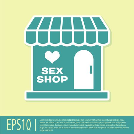 Green Sex shop building with striped awning icon isolated on yellow background. Sex shop, online sex store, adult erotic products concept. Vector Illustrationのイラスト素材