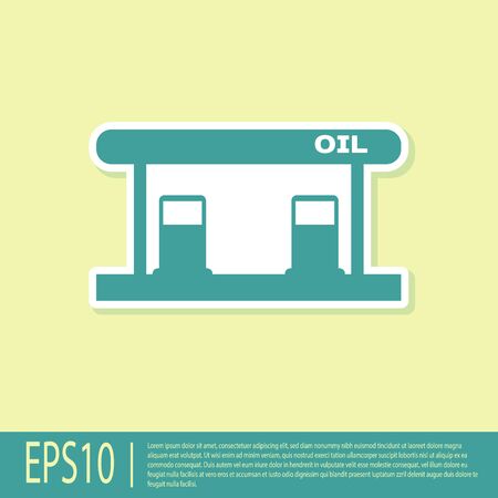 Green Gas filling station icon isolated on yellow background. Transport related service building Gasoline and oil station. Vector Illustrationのイラスト素材