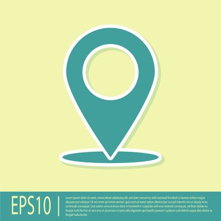 Green Map pin icon isolated on yellow background. Pointer symbol. Location sign. Navigation map, gps, direction, place, compass, contact, search concept. Flat design. Vector Illustrationのイラスト素材
