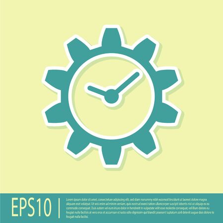 Green Time Management icon isolated on yellow background. Clock and gear sign. Flat design. Vector Illustrationのイラスト素材
