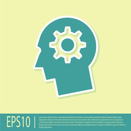 Green Human head with gear inside icon isolated on yellow background. Artificial intelligence. Thinking brain sign. Symbol work of brain. Flat design. Vector Illustrationのイラスト素材