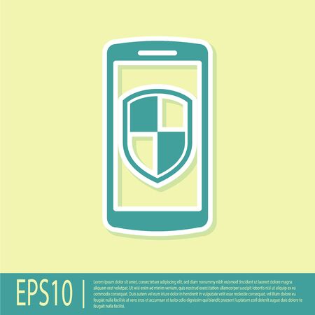 Green Smartphone, mobile phone with security shield icon isolated on yellow background. Flat design. Vector Illustrationのイラスト素材