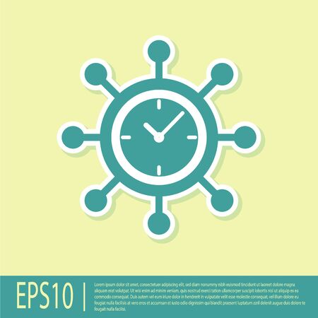 Green Clock and gear icon isolated on yellow background. Time Management symbol. Business concept. Hub and spokes and clock solid icon. Flat design. Vector Illustrationのイラスト素材