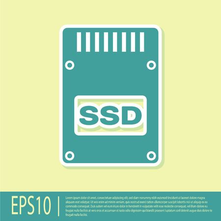 Green SSD card icon isolated on yellow background. Solid state drive sign. Storage disk symbol. Flat design. Vector Illustrationのイラスト素材