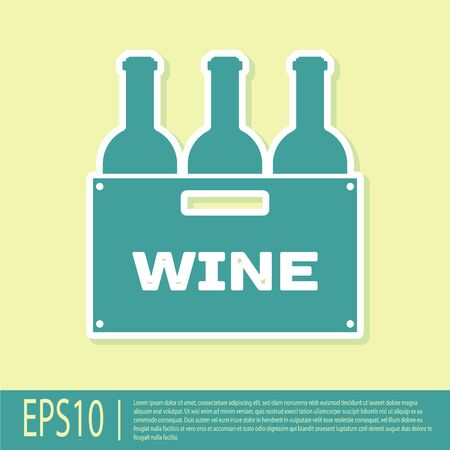 Green Bottles of wine in a wooden box icon isolated on yellow background. Wine bottles in a wooden crate icon. Flat design. Vector Illustrationのイラスト素材