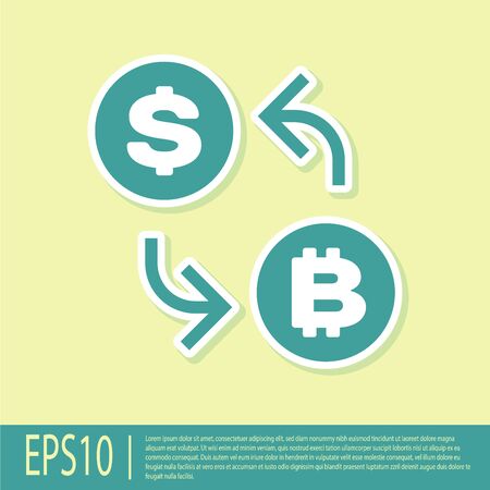 Green Cryptocurrency exchange icon isolated on yellow background. Bitcoin to dollar exchange icon. Cryptocurrency technology, mobile banking. Flat design. Vector Illustrationのイラスト素材