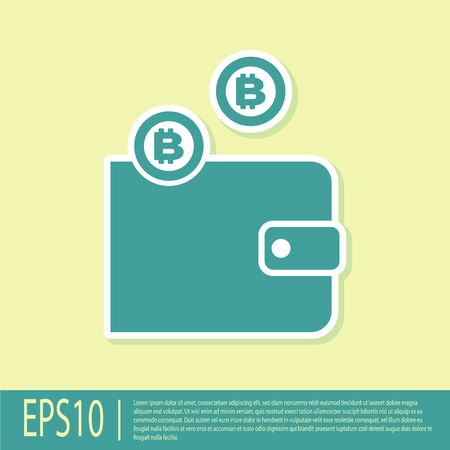 Green Cryptocurrency wallet icon isolated on yellow background. Wallet and bitcoin sign. Mining concept. Money, payment, cash, pay icon. Flat design. Vector Illustrationのイラスト素材
