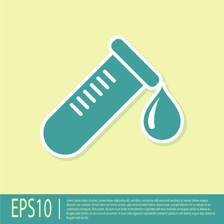 Green Test tube or flask with drop of blood icon isolated on yellow background. Laboratory, chemical, scientific glassware sign. Vector Illustrationのイラスト素材