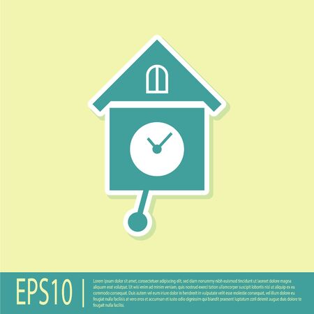Green Retro wall watch icon isolated on yellow background. Cuckoo clock sign. Antique pendulum clock. Vector Illustrationのイラスト素材
