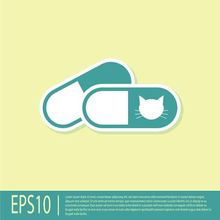 Green Cat and pills icon isolated on yellow background. Prescription medicine for animal. Vector Illustrationのイラスト素材