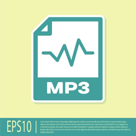 Green MP3 file document icon. Download mp3 button icon isolated on yellow background. Mp3 music format sign. MP3 file symbol. Vector Illustrationのイラスト素材