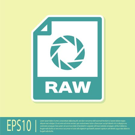 Green RAW file document icon. Download raw button icon isolated on yellow background. RAW file symbol. Vector Illustrationのイラスト素材