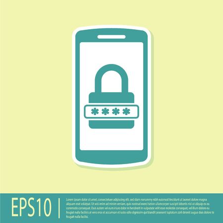 Green Mobile phone and password protection icon isolated on yellow background. Security, safety, personal access, user authorization, privacy. Vector Illustrationのイラスト素材