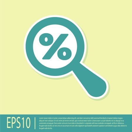 Green Magnifying glass with percent discount icon isolated on yellow background. Discount offers searching. Search for discount sale sign. Vector Illustrationのイラスト素材