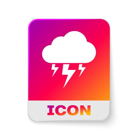 White Storm icon isolated on white background. Cloud and lightning sign. Weather icon of storm. Rectangle color button. Vector Illustrationのイラスト素材