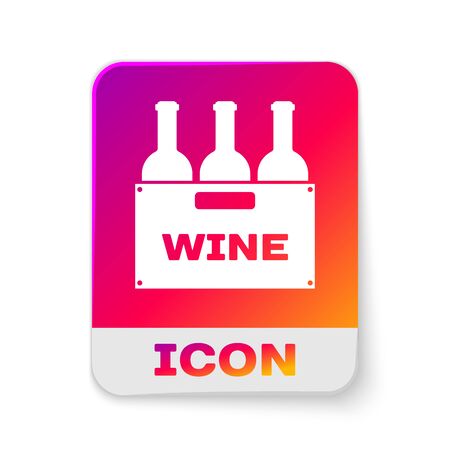 White Bottles of wine in a wooden box icon isolated on white background. Wine bottles in a wooden crate icon. Rectangle color button. Vector Illustrationのイラスト素材