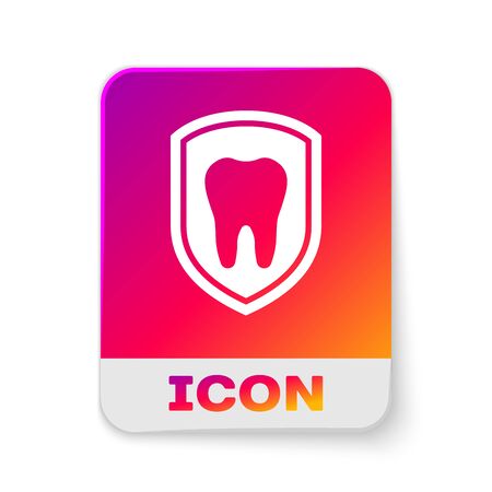 White Dental protection icon isolated on white background. Tooth on shield logo icon. Rectangle color button. Vector Illustrationのイラスト素材