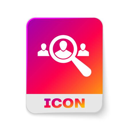 White Magnifying glass for search a people icon on white background. Recruitment or selection concept. Search for employees and job, human resource. Rectangle color button. Vector Illustrationのイラスト素材