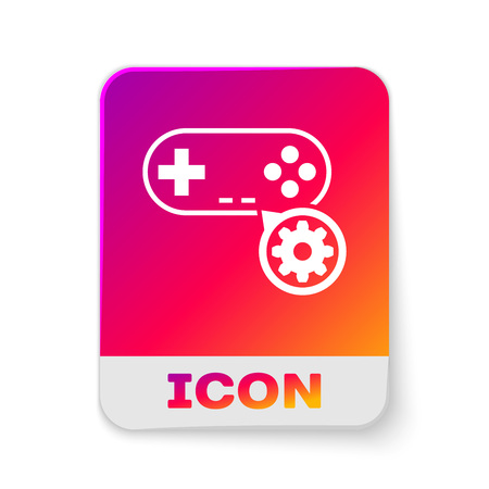 White Gamepad and gear icon isolated on white background. Adjusting app, service concept, setting options, maintenance, repair, fixing. Rectangle color button. Vector Illustrationのイラスト素材