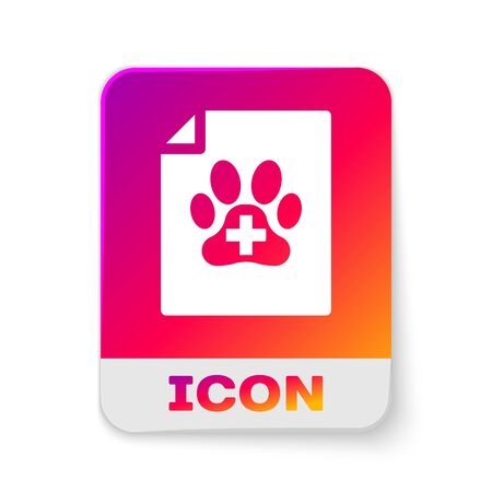 White Medical certificate for travel with dog or cat icon isolated on white background. Document for pet. Dog or cat paw print. Rectangle color button. Vector Illustrationのイラスト素材