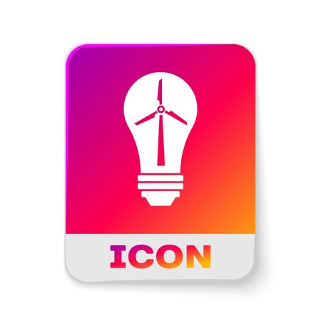 White Light bulb with wind turbine as idea of eco friendly source of energy icon isolated on white background. Alternative energy concept. Rectangle color button. Vector Illustrationのイラスト素材