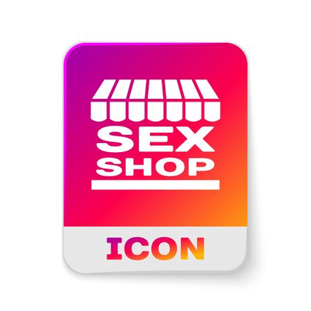 White Sex shop building with striped awning icon isolated on white background. Sex shop, online sex store, adult erotic products concept. Rectangle color button. Vector Illustrationのイラスト素材