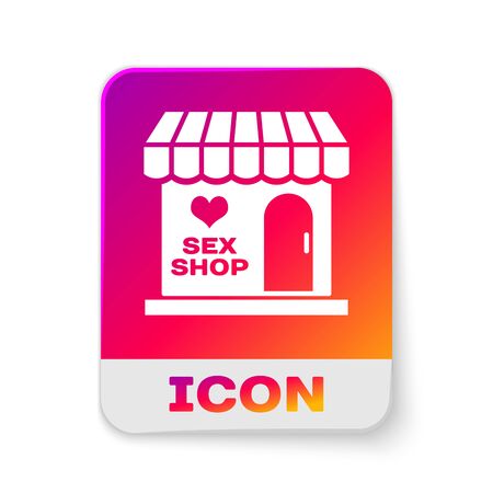 White Sex shop building with striped awning icon isolated on white background. Sex shop, online sex store, adult erotic products concept. Rectangle color button. Vector Illustrationのイラスト素材
