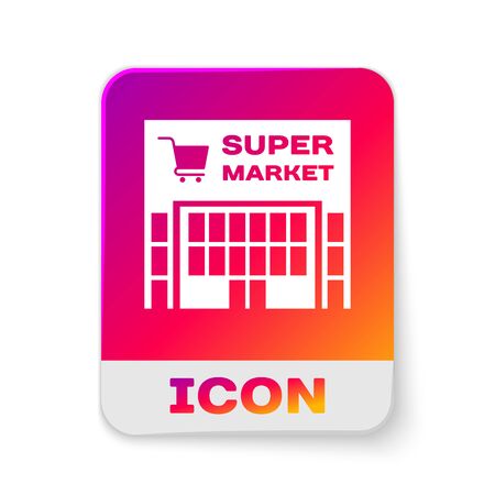 White Supermarket building with shopping cart icon isolated on white background. Shop or store. Mall building. Rectangle color button. Vector Illustrationのイラスト素材