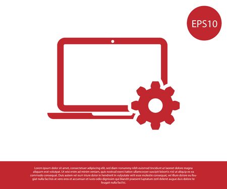 Red Laptop and gear icon on white background. Laptop service concept. Adjusting app, setting options, maintenance, repair, fixing laptop concepts. Vector Illustrationのイラスト素材
