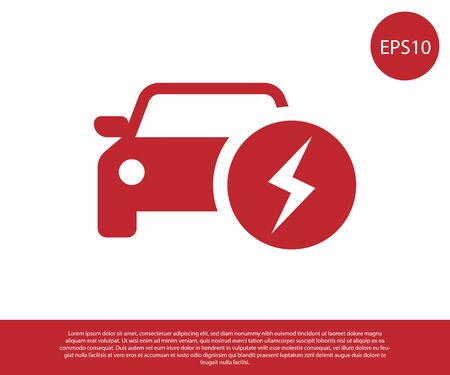 Red Electric car and electrical cable plug charging icon isolated on white background. Renewable eco technologies. Vector Illustrationのイラスト素材