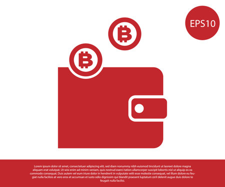 Red Cryptocurrency wallet icon isolated on white background. Wallet and bitcoin sign. Mining concept. Money, payment, cash, pay icon. Vector Illustrationのイラスト素材