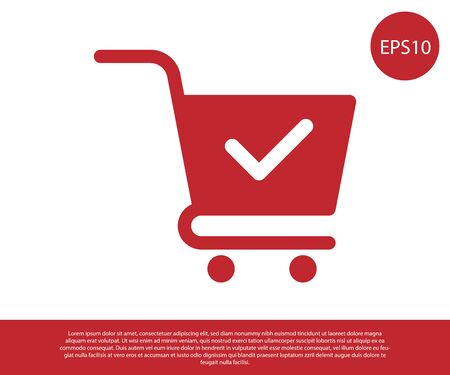 Red Shopping cart with check mark icon isolated on white background. Supermarket basket with approved, confirm, done, tick, completed symbol. Vector Illustrationのイラスト素材