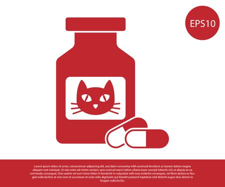 Red Cat medicine bottle and pills icon isolated on white background. Container with pills. Prescription medicine for animal. Vector Illustrationのイラスト素材