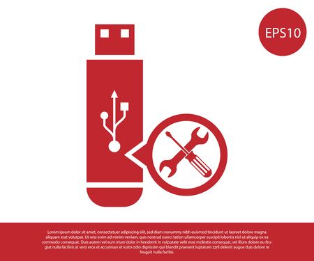 Red USB flash drive with screwdriver and wrench icon isolated on white background. Adjusting, service, setting, maintenance, repair, fixing. Vector Illustrationのイラスト素材