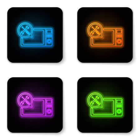 Glowing neon Microwave oven with screwdriver and wrench icon isolated on white background. Adjusting, service, setting, maintenance, repair, fixing. Black square button. Vector Illustrationのイラスト素材
