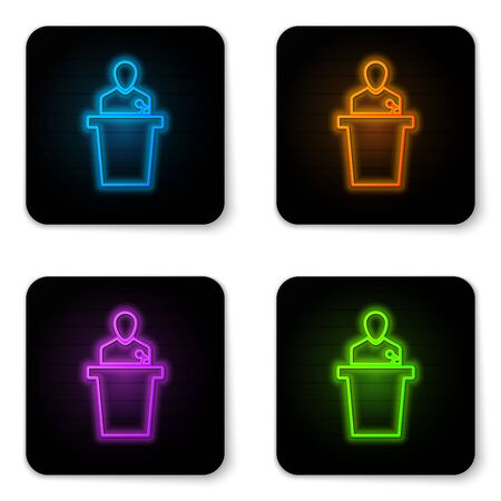 Glowing neon Speaker icon isolated on white background. Orator speaking from tribune. Public speech. Person on podium. Black square button. Vector Illustrationのイラスト素材