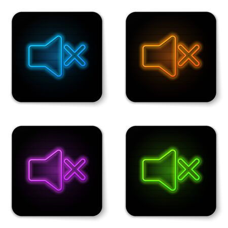 Glowing neon Speaker mute icon isolated on white background. No sound icon. Volume Off symbol. Black square button. Vector Illustrationのイラスト素材