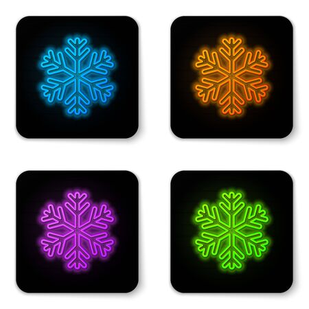 Glowing neonSnowflake icon isolated on white background. Black square button. Vector Illustrationのイラスト素材