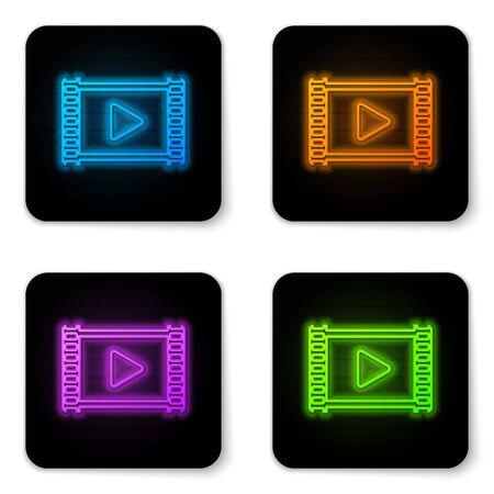 Glowing neon Play Video icon isolated on white background. Film strip with play sign. Black square button. Vector Illustrationのイラスト素材