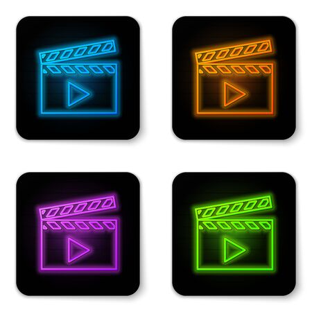 Glowing neon Movie clapper icon isolated on white background. Film clapper board icon. Clapperboard sign. Cinema production or media industry concept. Black square button. Vector Illustrationのイラスト素材