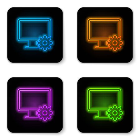 Glowing neon Computer monitor and gear icon isolated on white background. Adjusting app, setting options, maintenance, repair, fixing monitor concepts. Black square button. Vector Illustrationのイラスト素材