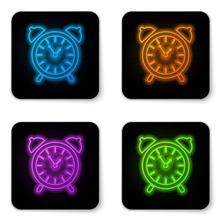 Glowing neon Alarm clock icon isolated on white background. Wake up, get up concept. Time sign. Black square button. Vector Illustrationのイラスト素材