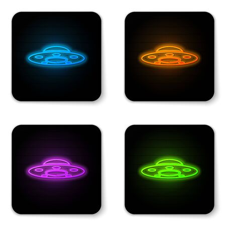 Glowing neon UFO flying spaceship icon isolated on white background. Flying saucer. Alien space ship. Futuristic unknown flying object. Black square button. Vector Illustrationのイラスト素材