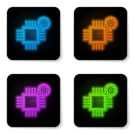 Glowing neon Processor and gear icon isolated on white background. CPU, chip service concept. Adjusting app, setting options, maintenance, repair, fixing. Black square button. Vector Illustrationのイラスト素材
