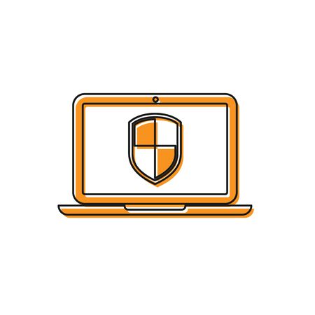 Orange Laptop protected with shield symbol icon isolated on white background. Internet security concept. PC security, firewall technology, privacy safety. Vector Illustrationのイラスト素材